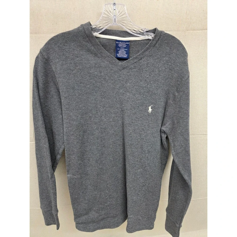 Polo Ralph Lauren Mens Grey Waffle Knit V-Neck Thermal Sleep Shirt Medium‎
